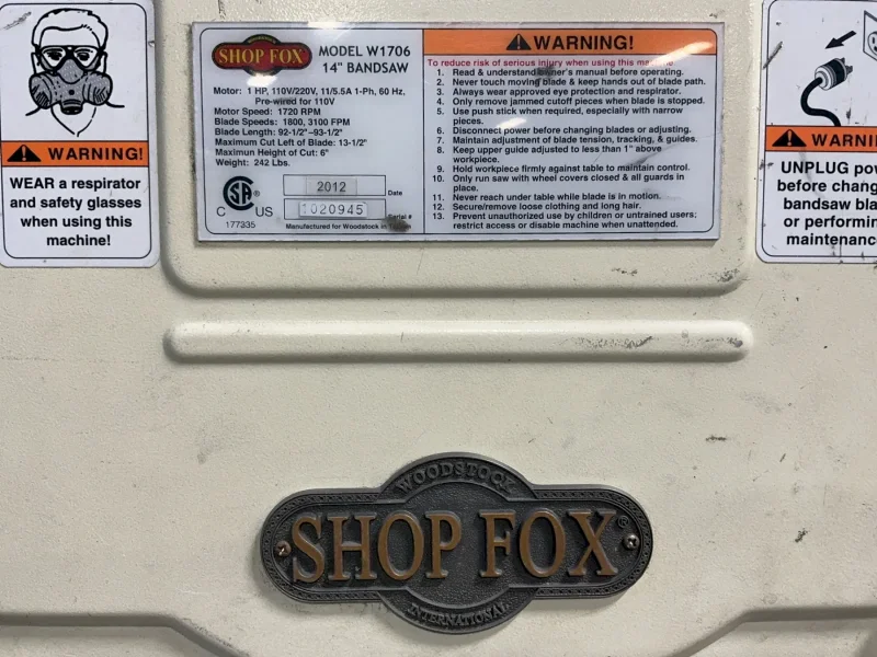 SHOP FOX 14” VERTICAL 14” BANDSAW   -  W1706