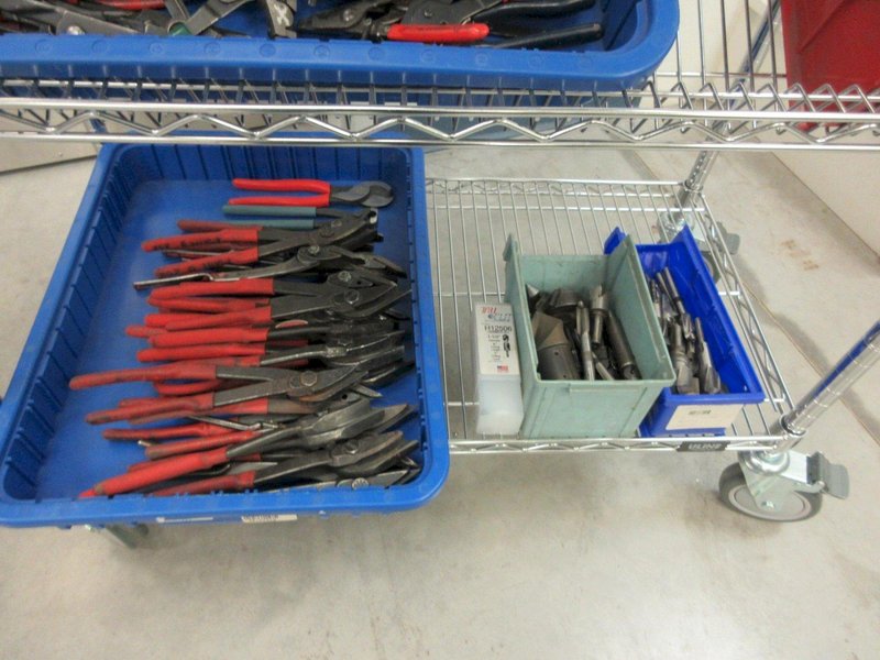 Hand Tools, Large Assortment including Tin Snips, Snap Ring Pliers, Wire Strippers, Banding Cutters and MORE on 4-Shelf Uline 36" x 18" x 78" Metal Wire Rolling Cart- Auction Item