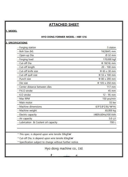 5/8" HYODONG HBF-516 FIVE DIE BOLT FORMER