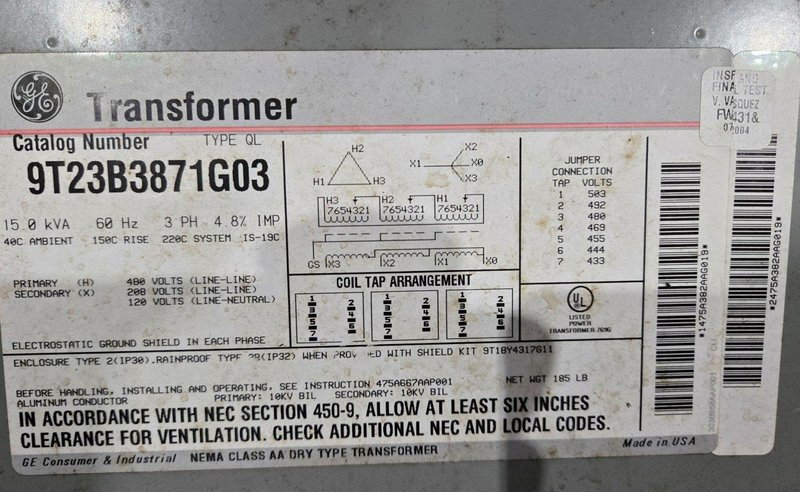 GENERAL ELECTRIC 9T23B3871G03 Transformer 480V – 208/120V, 15 kVa, 3PH USED