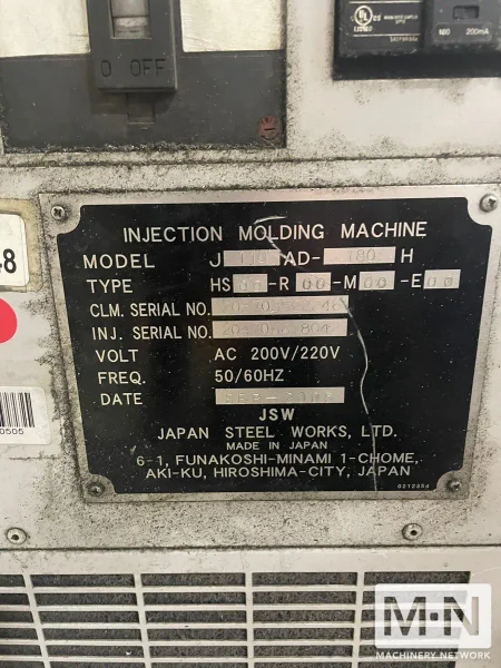 121 TON 4.3 OZ JSW MODEL J110AD-180H ELECTRIC INJECTION MOLDING MACHINE MFG 2005