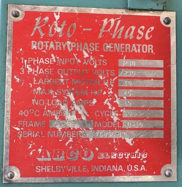 Roto-Phase Phase Converter HD-10, 10 HP Largest Motor, 45 HP Total, 230 Volt