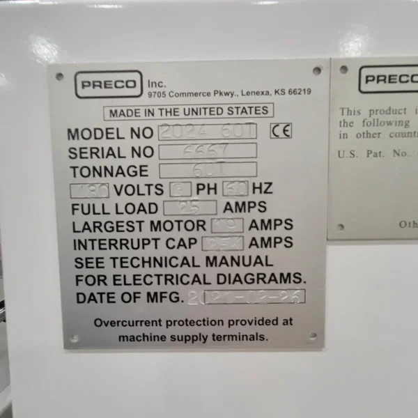 2021 Preco Model 2024-60T Hydraulic Die Cutting Press