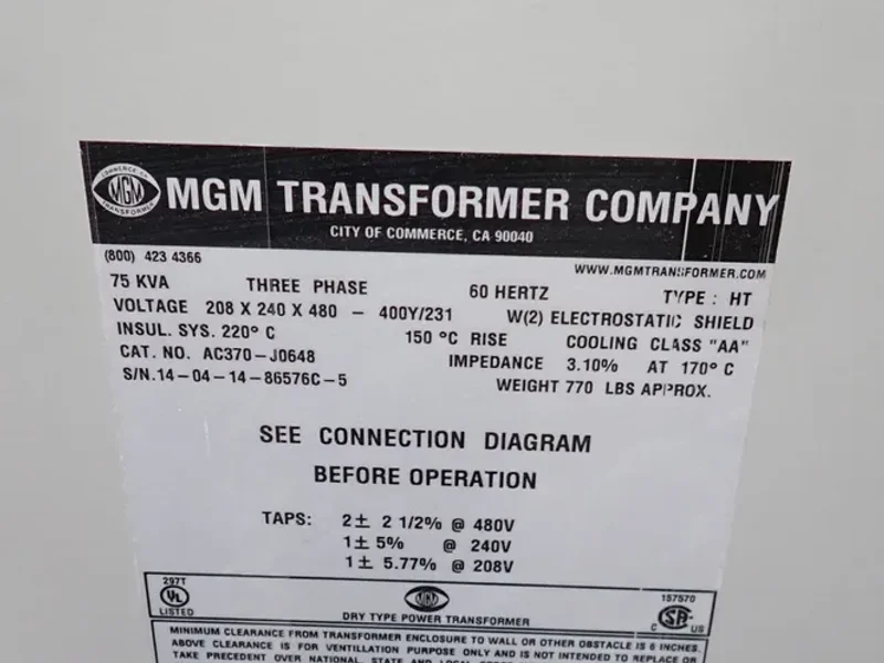 MGM 75 KVA TRANSFORMER  -  AC370-J0648