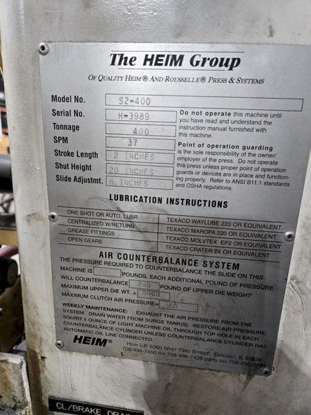 HEIM S2-400 SSDC 2" STROKE PRESS: YOBRO #24922