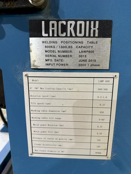 1300 LBS LACROIX MODEL #LAWP600 POWERED WELDING POSITIONER: STOCK #18443