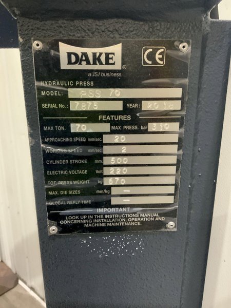 70-TON DAKE PSS 70 HYDRAULIC H-FRAME SHOP PRESS: STOCK #81211