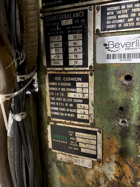 100 TON MINSTER P2-100-42 PIECE MAKER STRAIGHT SIDE HIGH SPEED PRESS. STOCK # 0883325