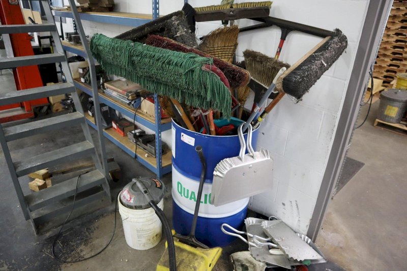 Drum of Cleaning Tools, Brooms, Squeegees, Dust Pans, Bucket Vac- Auction Item