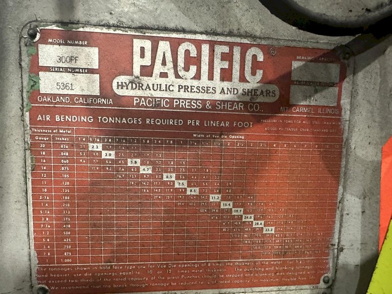 300 TON PACIFIC MODEL #300PF PRESSFORMER HYDRAULIC C-FRAME PRESS, 12" STROKE: STOCK #16260