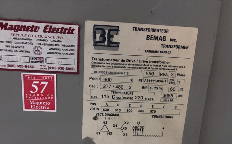 550 KVA BEMAG 600v <--> 480v TRANSFORMER: YOBRO #24588