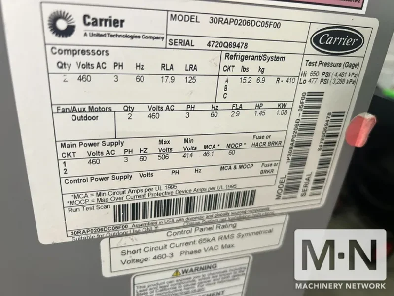 20 TON AIR COOLED CHILLER MODEL 30RAP0206DC05F00 MFG IN 2021 AND NEVER USED  (2) AVAILABLE