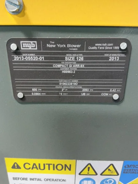 THE NEW YORK BLOWER CO CENTRIFUGAL FAN   -  COMPACT GI ARR-9X