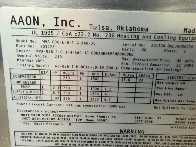 AAON DANDELION HEAT PUMP  -  WVA-036-E-0-1-4-AA0-JC