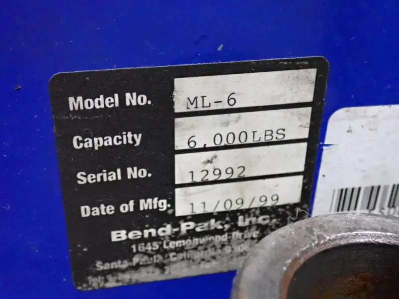 BEND-PAK, INC. 6000 LBS AUTOMOTIVE LIFT  -  ML-6