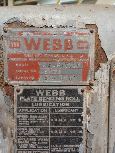 6&#039; X 3/16&quot; WEBB MODEL #R3LR-7006 PLATE BENDING ROLL: YOBRO #24252