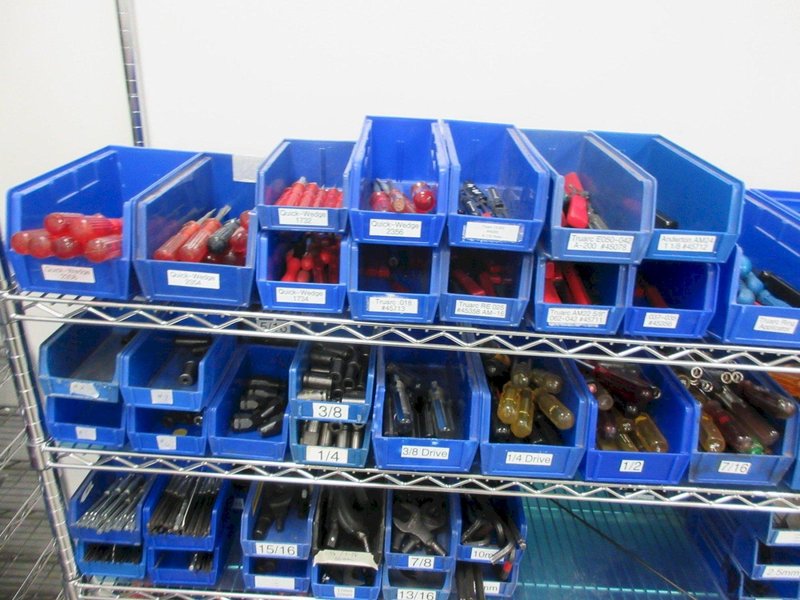 Hand Tools, Large Assortment including Sockets, Driver Head, T-Handle Allen Wrenches and MORE on Uline 6-Shelf 72" x 18" x 78" Metal Wire Rolling Cart- Auction Item