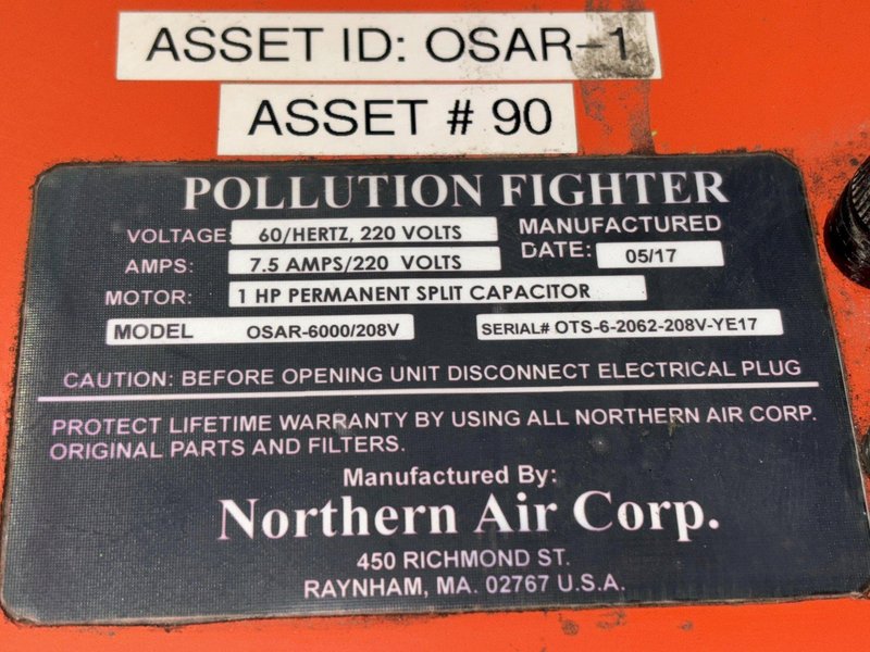 1 HP NORTHERN AIR CORP MODEL #OSAR-6000 POLLUTION FIGHTER MOBILE DUST COLLECTOR: STOCK #22420