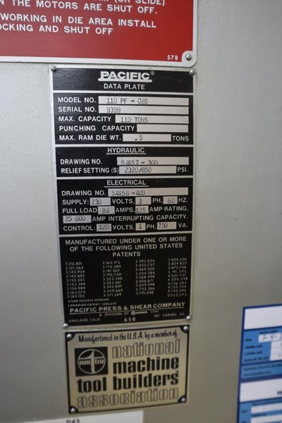 Pacific 110 PF-OBS Hydraulic Press, 110 Ton, 8.25&quot;Stroke, Dual Palm Buttons