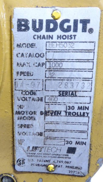 1/2 Ton Budgit Electric Chain Hoist, 32 FPM, Pendant, 1/2 HP,  Low Price