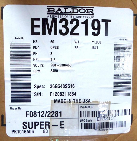 7-1/2 HP Baldor Motor, 184T, 3450 RPM, 3 Phase, New In Box