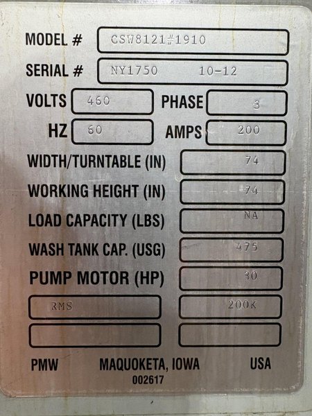 74" X 74" STOELTING MODEL #CSW8121 ROLL-IN TURNTABLE TYPE PARTS WASHER: YOBRO #25172