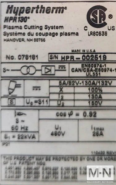 130 AMP HYPERTHERM EDGE PRO TI CNC PLASMA CUTTER
