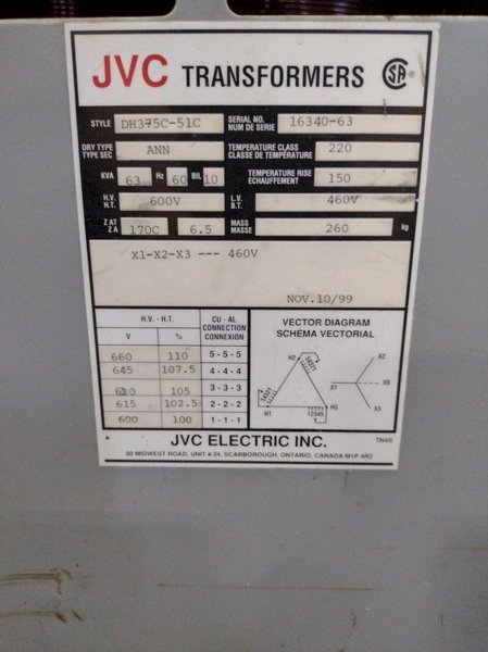 63 KVA JVC TRANSFORMER 460 TO 600V: STOCK 18646