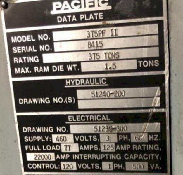 375 TON PACIFIC MODEL #375PF-II PRESSFORMER HYDRAULIC C-FRAME PRESS : STOCK #16259