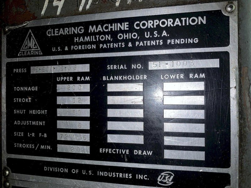200 TON CLEARING MODEL S2-200-72-36 STRAIGHT SIDE SSDC STAMPING PRESS, 12" STROKE: STOCK #12979