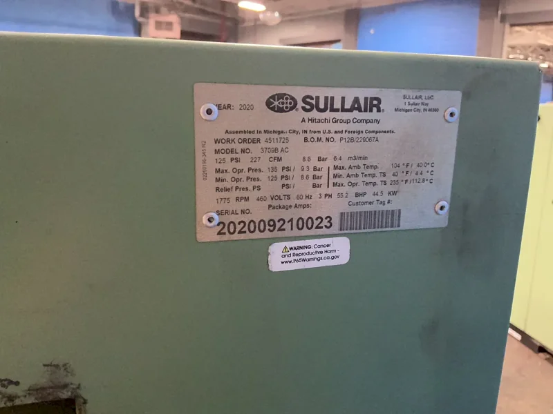 SULLAIR 55.2 BHP, 44.5 KW S-ENERGY 3700 AIR COMPRESSOR  -  3709B AC