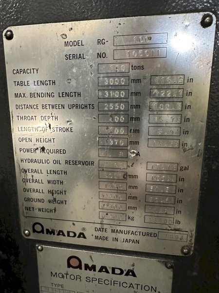 100 TON x 10' AMADA MODEL #RG-100 HYDRAULIC PRESS BRAKE NC9-EXII CONTROL, 1994: STOCK #19752