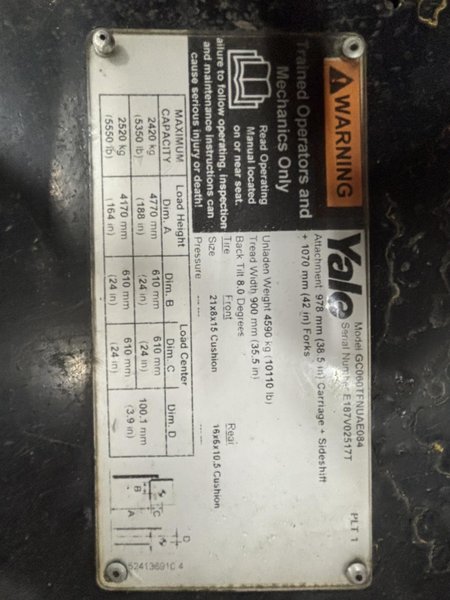 Yale GC060TFNVAE084 6,000 lb Capacity LPG Sit-Down Forklift- Auction Item