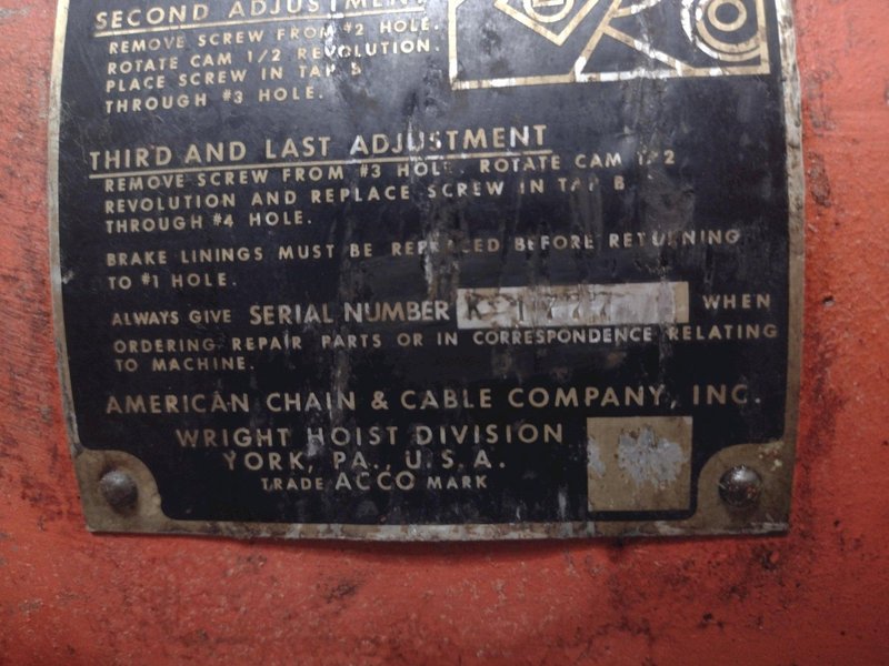 2000 LBS (1 TON) WRIGHT MODEL #W1 CABLE HOIST W/ POWERED TROLLEY: STOCK #18744