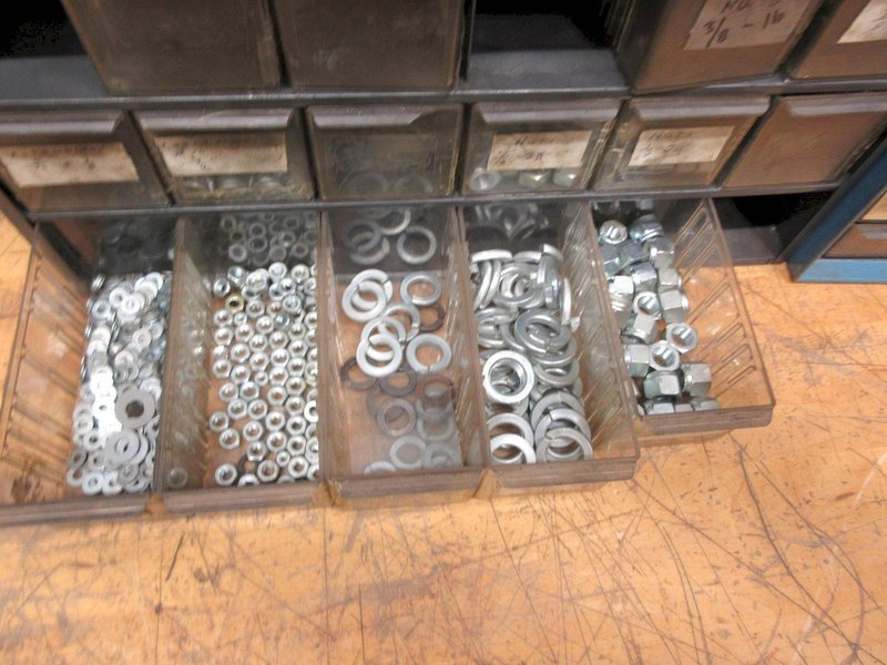 Multibin Organizers with Contents of Brass Fittings, and SAE Nuts- Auction Item