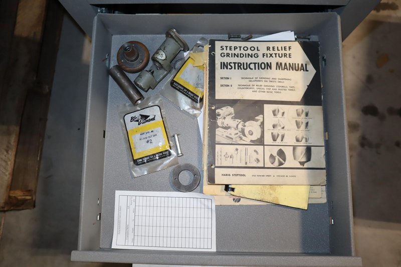 Black Diamond 2C DRILL GRINDER, Assorted Collets &amp; Grinding Wheels, Mounted on Kennedy 5-Drawer Cabinet w/ Dust Shroud- Auction Item