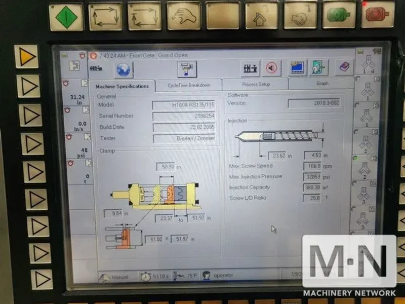 1100 TON 210 OZ HUSKY MODEL H1000RS135-115 INJECTION MOLDING MACHINE MFG 2005