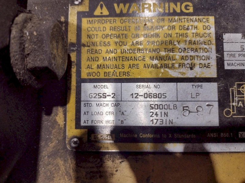4,500 LB 1995 DAEWOO MODEL #G25S-2 PNEUMATIC TIRE LP FORKLIFT: STOCK #20235
