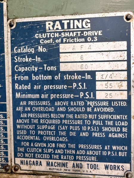 60 TON NIAGARA AF-4 BACK GEARED OBI PRESS. STOCK # 1214125.