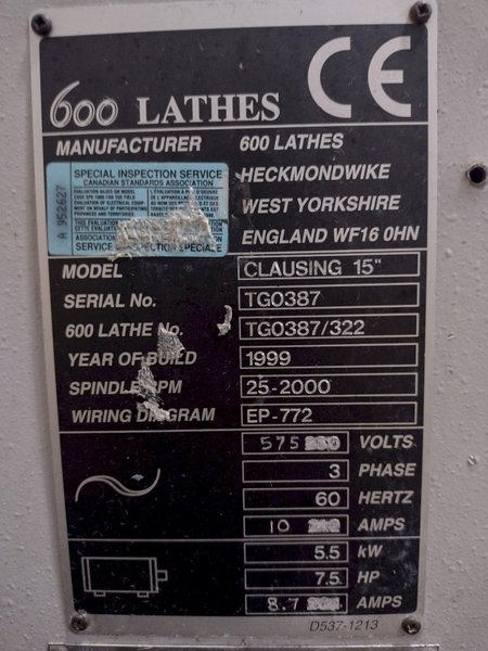 15&quot; X 50&quot; CLAUSING COLCHESTER #600-15&quot; ENGINE LATHE. STOCK #0130625