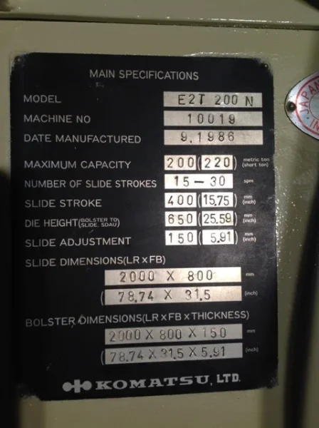 KOMATSU 220 TON ECCENTRIC GEAR 2 PT SS PRESS, STOCK# 13406J