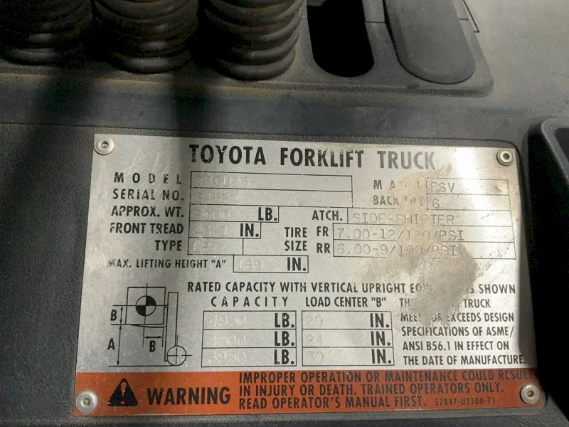 TOYOTA 4950 LBS PROPANE FORKLIFT  -  7FGCU25