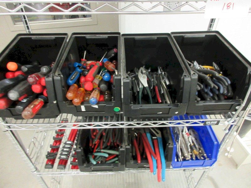 Hand Tools, Large Assortment including Screw Drivers, Pliers, Channel Locks, Vise Grips and MORE on Uline 4-Shelf 36" x 18" x 60" Metal Wire Rolling Cart- Auction Item