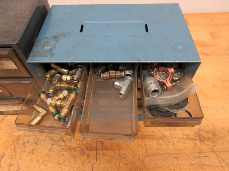 Multibin Organizers with Contents of Brass Fittings, and SAE Nuts- Auction Item