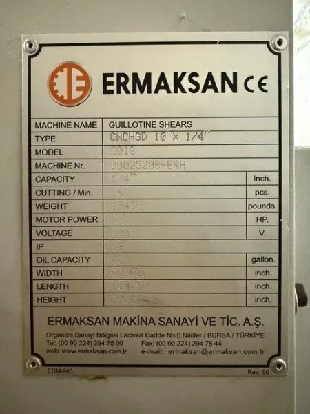 ERMAKSAN 10’ x ¼” Hydraulic Plate Squiring Shear 2018’ # 7619