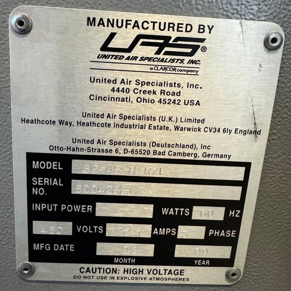 UAS/SMOG-HOG Dust/Mist Collector SG-4S-H, 4000 CFM, Electrostatic, Nice