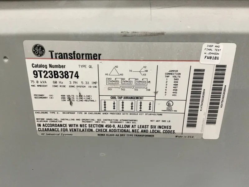 GENERAL ELECTRIC 75 KVA TRANSFORMER  -  9T23B3874