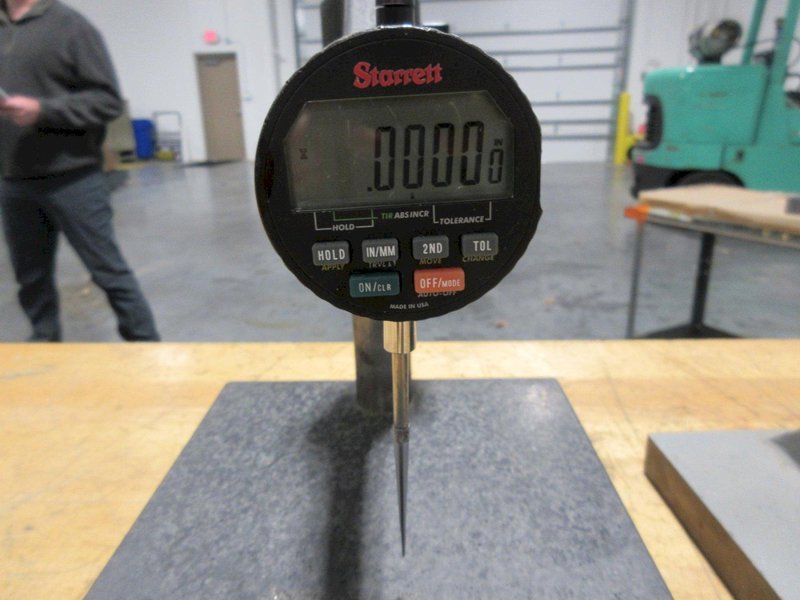 Granite Height Stand with Starrett Digital 1" Travel Indicator *Does Turn On* , Angle Plate 6"x6"x6" with Small Vise Mounted- Auction Item