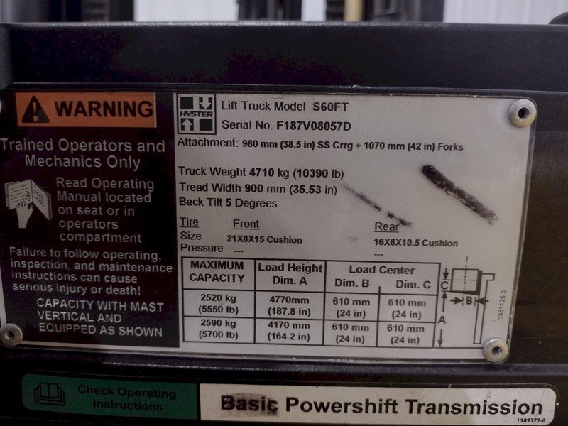 6000 LBS HYSTER MODEL #S60FT FORTIS LP-GAS FORKLIFT: STOCK #18833