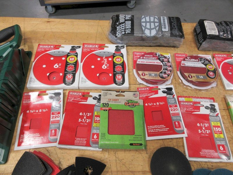 Sanding Pads and Paper Assorted Types, Steel Wool, 14" Masterforce Backsaw with Miter Box- Auction Item